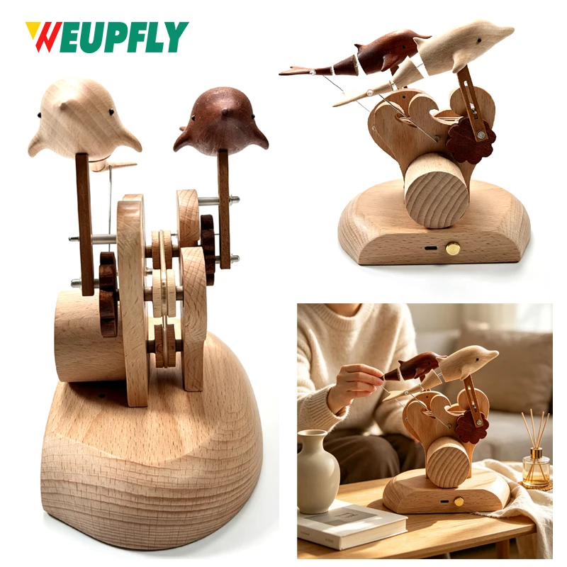 1PCS Wooden Dolphin Automaton Kinetic Sculpture, Mechanical Swimming Motion, Calming Desk Decor, USB Rechargeable