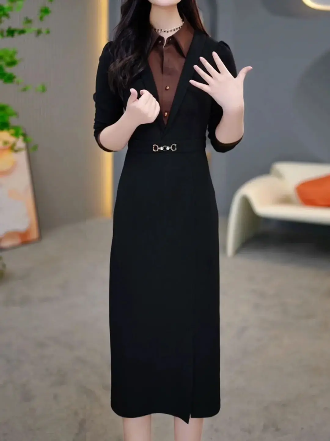 Women\'s High End Temperament Solid Color Autumn New Fashion Slimming Belly Covering Spliced Mid Length Long Sleeves Dresses