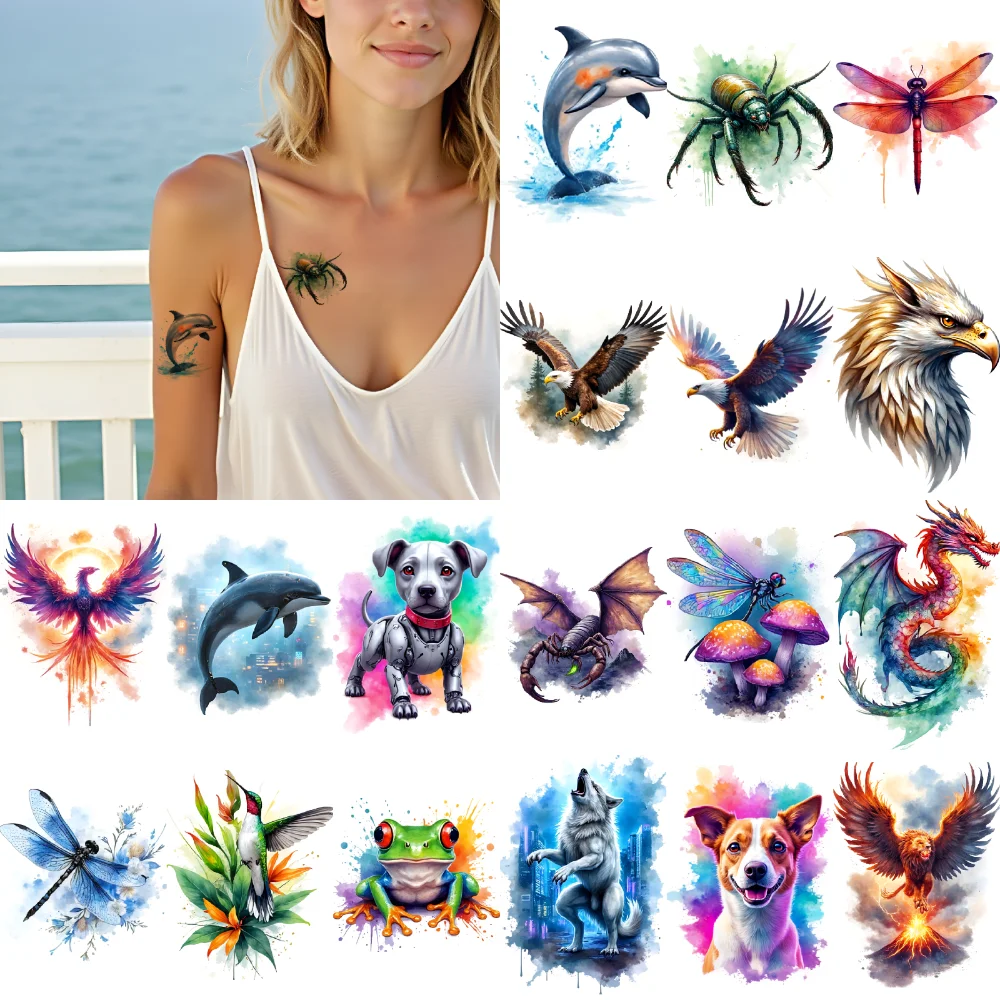 

28 шт., временные татуировки, временные татуировки, наклейки, хамелеон, осьминог, лиса для плеч, рук, щек