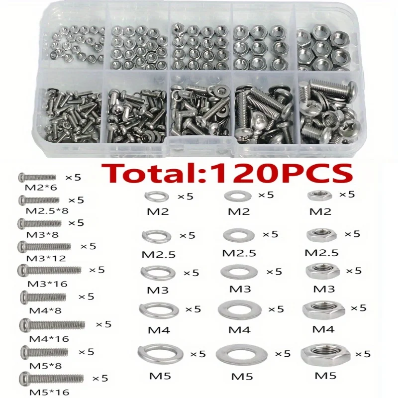 Zeskantmoeren en boutenset - 320 stuks/120 stuks, duurzame M2 - M5 metrische maat, universele hardwarekit voor doe-het-zelf projecten en reparaties