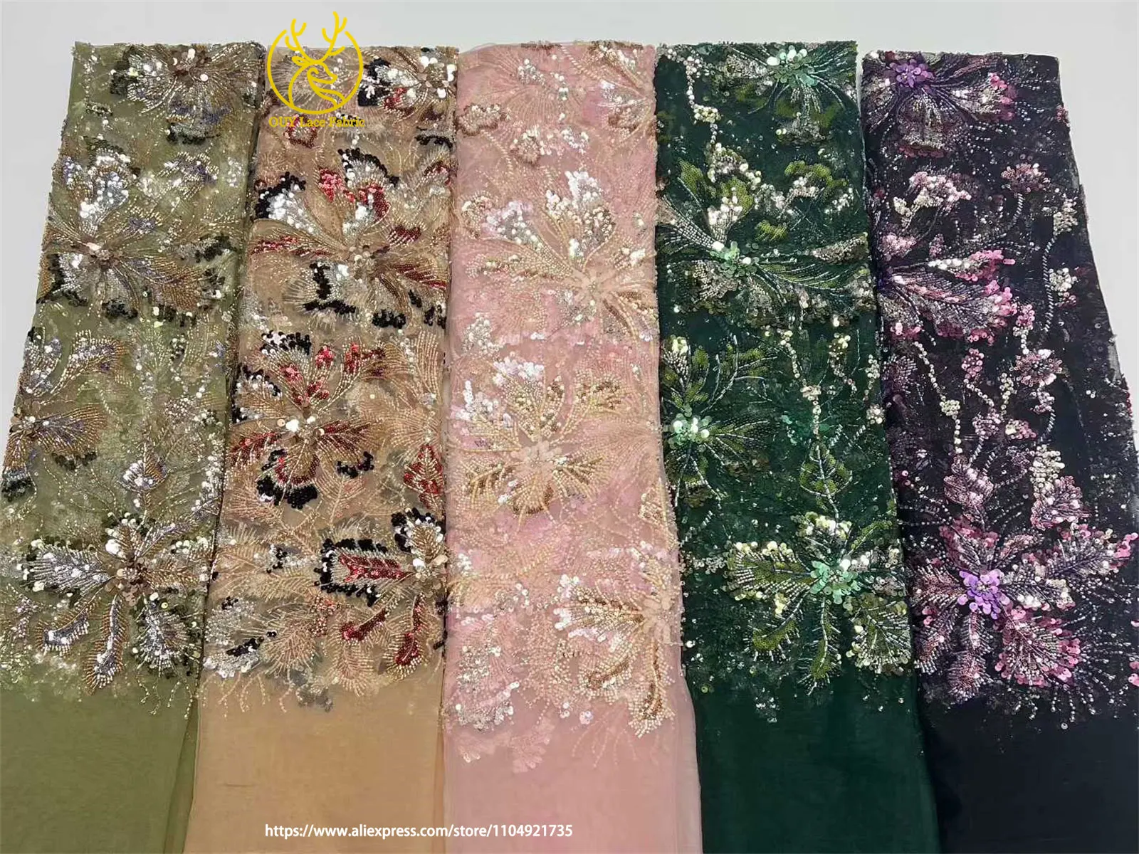 Afrikanischer Netz-Stickerei-Pailletten-Spitzenstoff 2026 Luxuriöser Französischer Tüll Perlenbesetzter Stoff für Damen-Partykleider Nähstoff 5 Yards – Detail 4