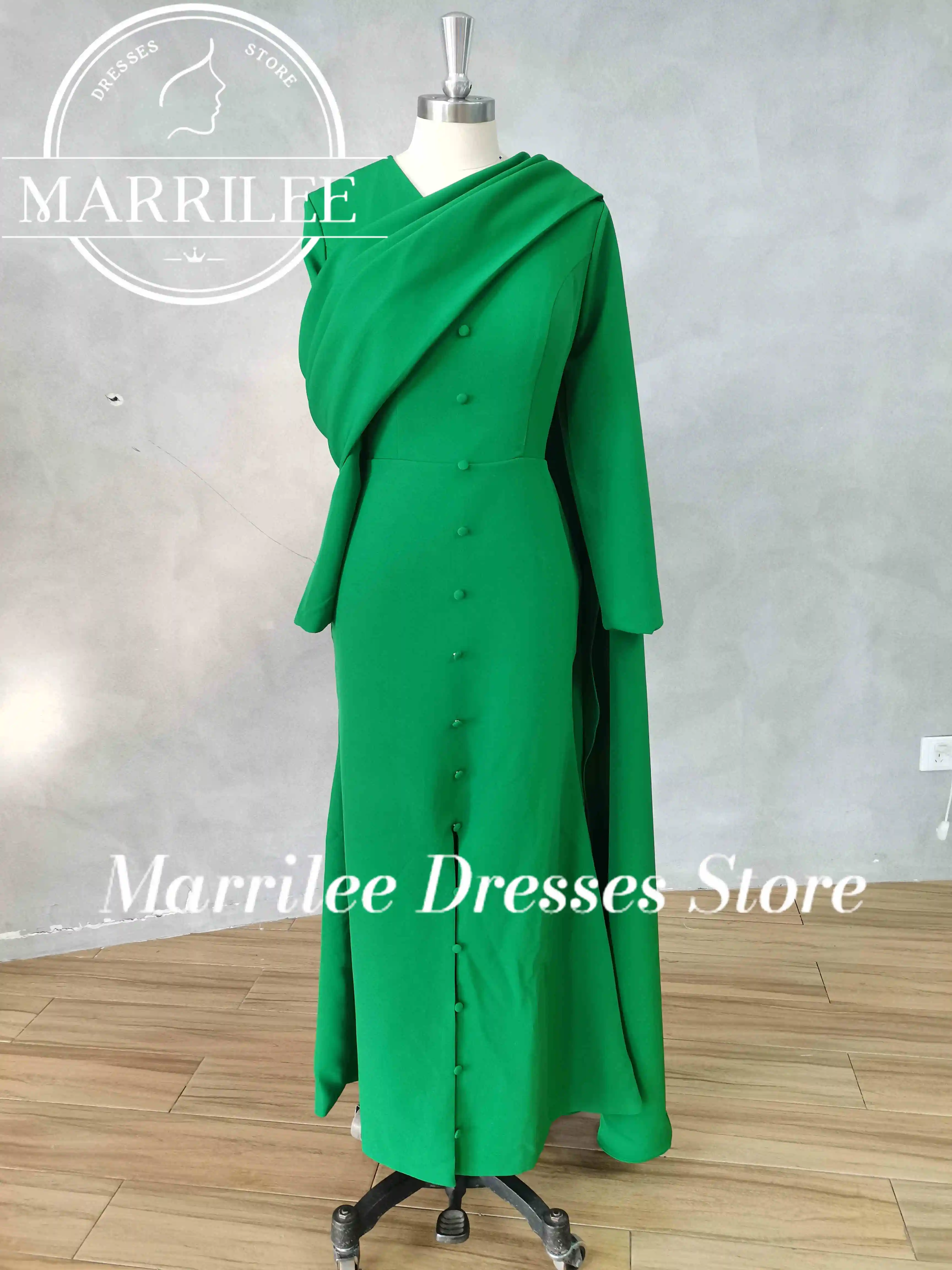 Marrilee Customized Evening Dresses Pleated Neck Long Sleeve Guest Wedding Dresses For Women Simple Button Prom Gowns Vestidos