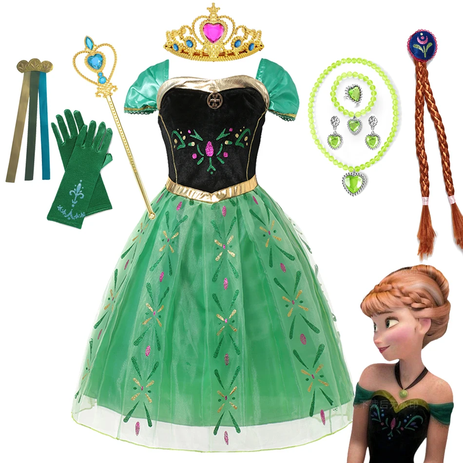 Disney Frozen Anna Princess Dress For Girls Puff Sleeve Mesh Prom Gown Kids Christmas Cosplay Snow Queen Birthday Party Costumes