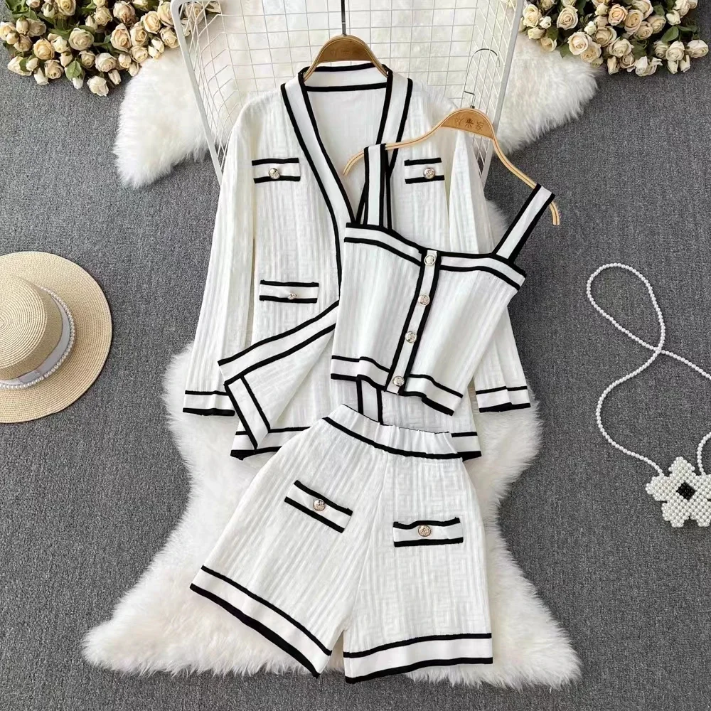 

Women Sweater Pant Set 3 Pieces Casual Tank Cardigans Suits Autumn Winter Knitted Shorts OL Elegance Tops Elastic Sweaterpants