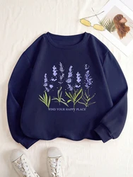 Fashion Womens Pullover Beautiful Lavender Printing Hoodie Comfortable Crewneck Fleece Soft Sweatshirt Autumn Winter Female Tops