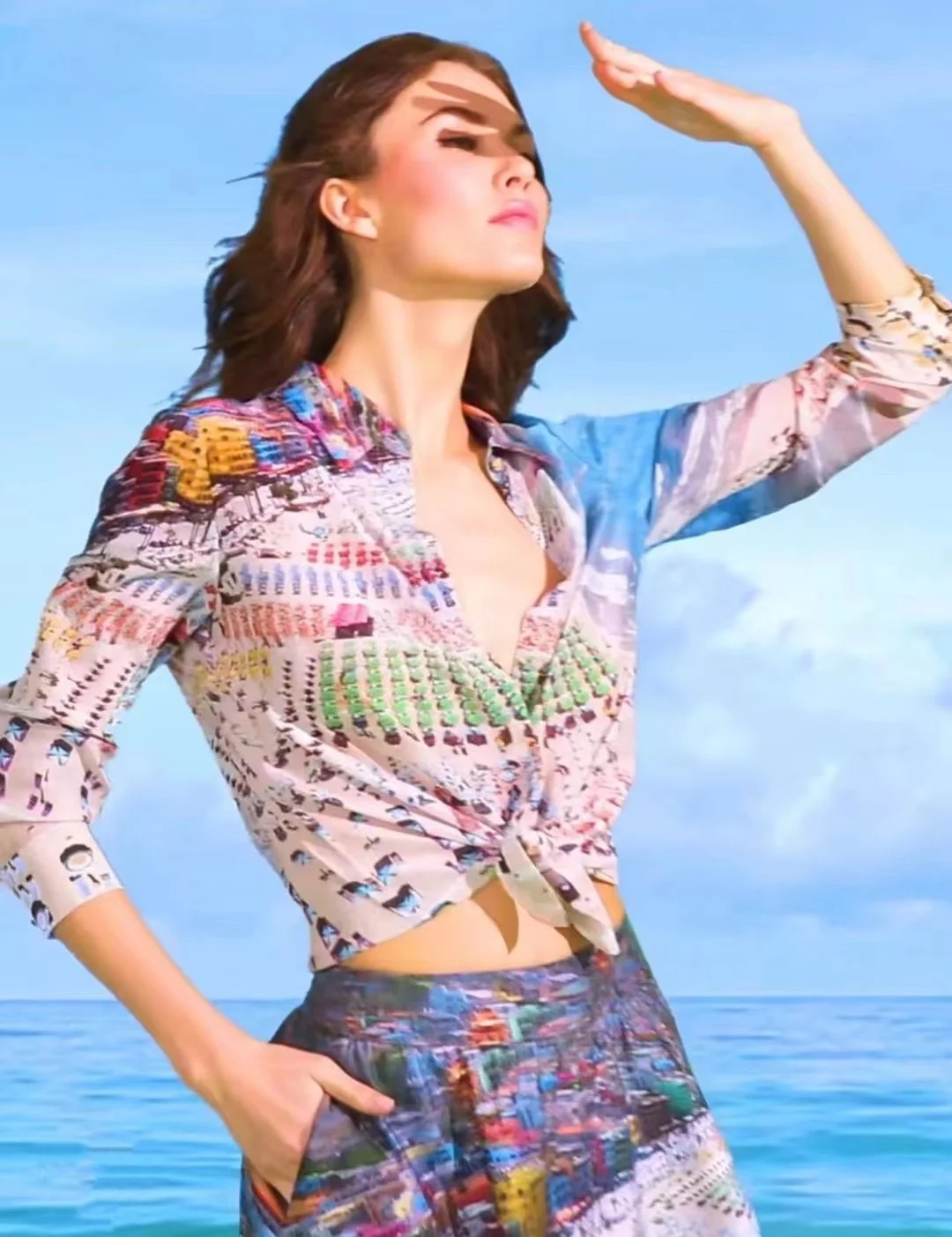 

Beach Style Women Positioning Print Shirt Turn-down Collar Long Sleeve Single Breasted Casual 100% Silk Blouse