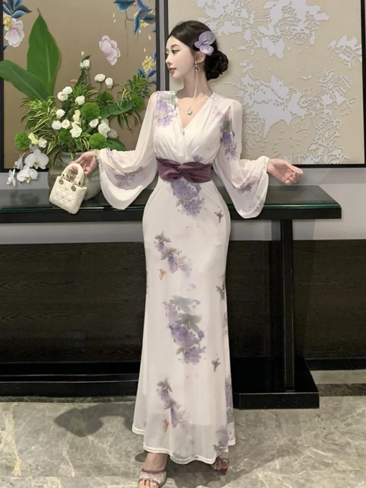 Vrouwen Kleding Zoete Bloemenprint V-hals Lace-Up Slanke Maxi Lange Jurk Elegante Dame Party Prom Vestido Gewaad Boho Casual Koreaanse Nieuw