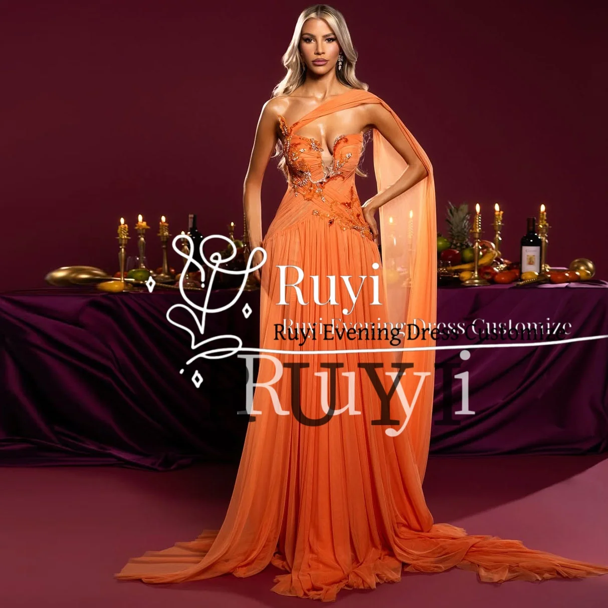 

Сексуальные роскошные вечерние платья на одно плечо с бисером для особых случаев Оранжевое шифоновое плиссированное элегантное вечернее платье для выпускного вечера