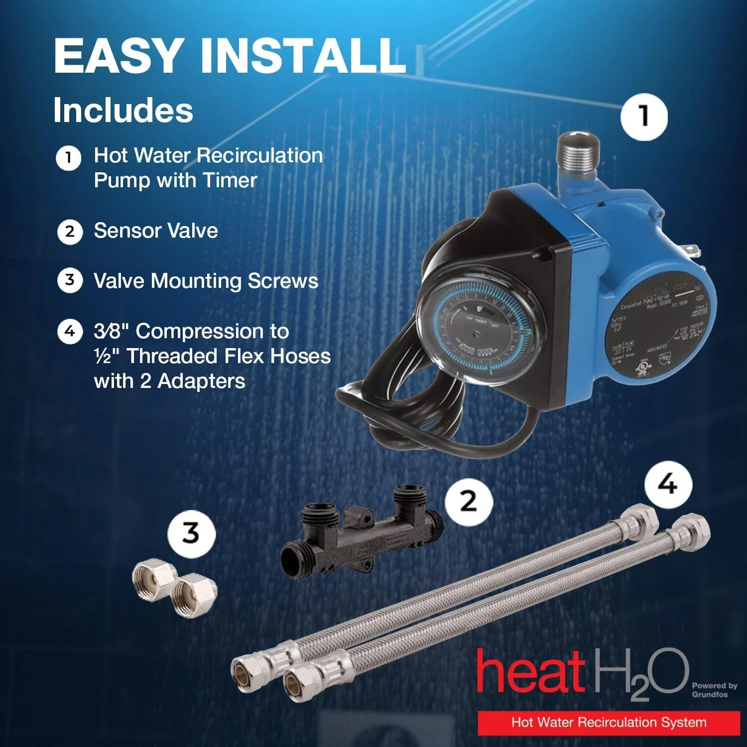 H2O Hot Water Recirculation System w/Programmable Timer, Instant Hot Water,  Pump, 2 Adapters, Sensor Valve,Hot
