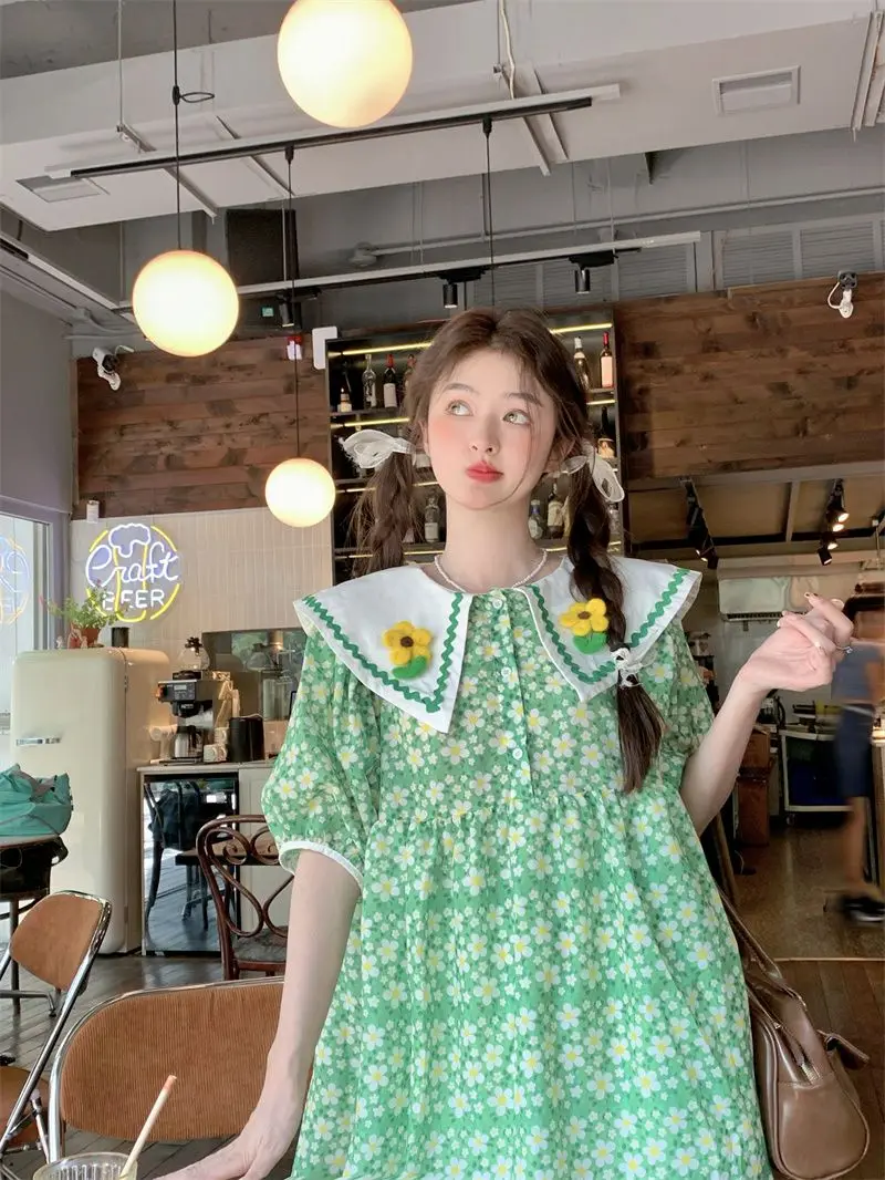 Plus Size 5XL 140KG Summer Short Sleeve Green Floral Dress for Women High Waist Maxi Flower Dresses Big Collar Sweet Dress