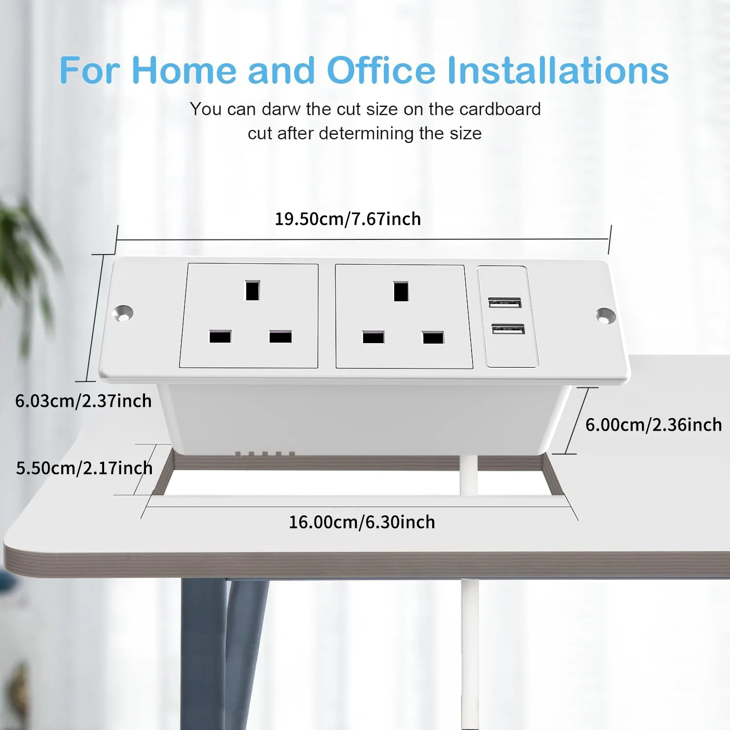 UK White Recessed Desktop Power Strip 2 AC Outlets 2 USB A Ports Flat Plug Mounted Hidden Socket for Desk Table Sofa Home Office