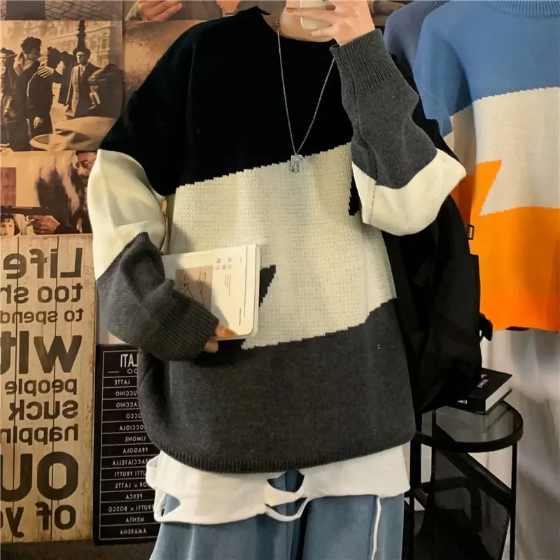 

Мужской круглый трикотаж Ne Thiened, свободный повседневный лоскутный цветной свитер, осень-зима, модная корейская верхняя одежда