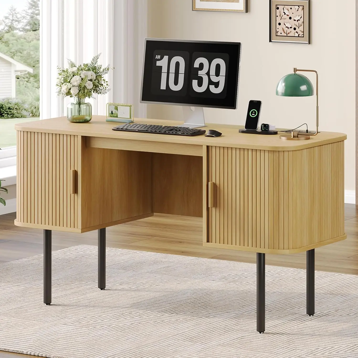 55 Inch Fluted Computer Desk with Power Outlets, Oak, Customized