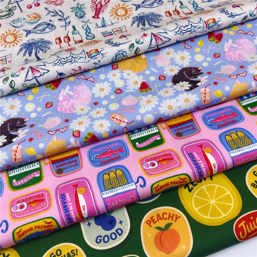 Dibujos animados playa gato pescado fruta plátano patchwork algodón popelín fino tela de algodón estampado para costura de tejidos Material acolchado DIY