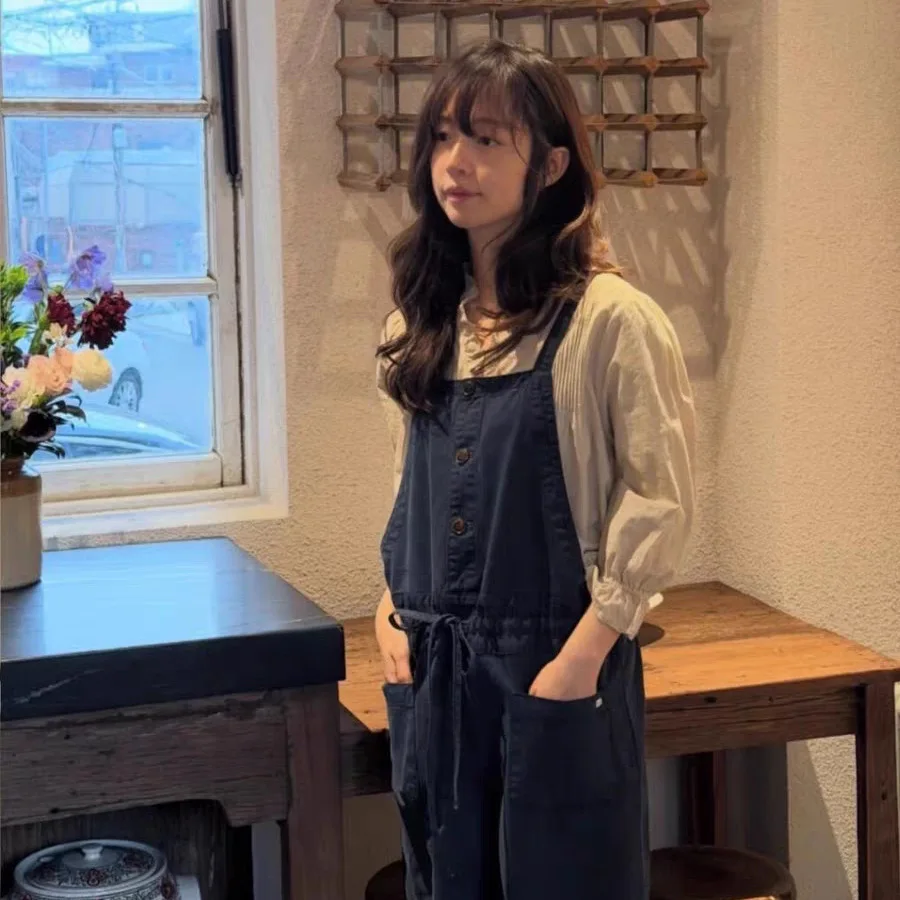 

East Gate Viaplain High Waist Drawstring Jumpsuit Shoulder Strap Straight Leg Long Pants Anti-Aging Slimming Effect