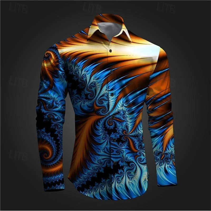 Color Block Pattern Hawaiian Shirts For Men Exquisite 3D Printed Aloha Shirts Casual Loose Long Sleeve Button Lapel Tops Blouses