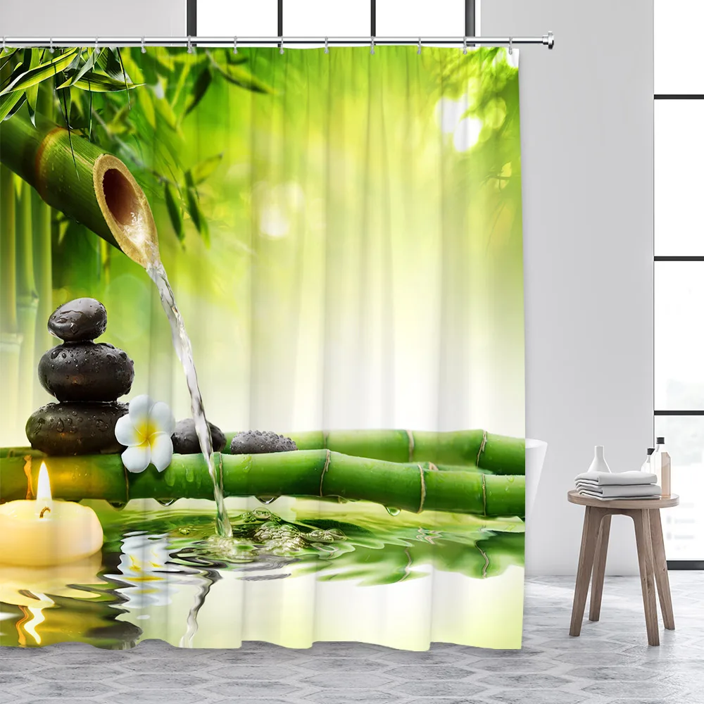 Zen Stone Green Bamboo Lotus Shower Curtains Flower Plant Orchid Butterfly Scenery Bath Curtain Fabric Bathroom Decor with Hooks