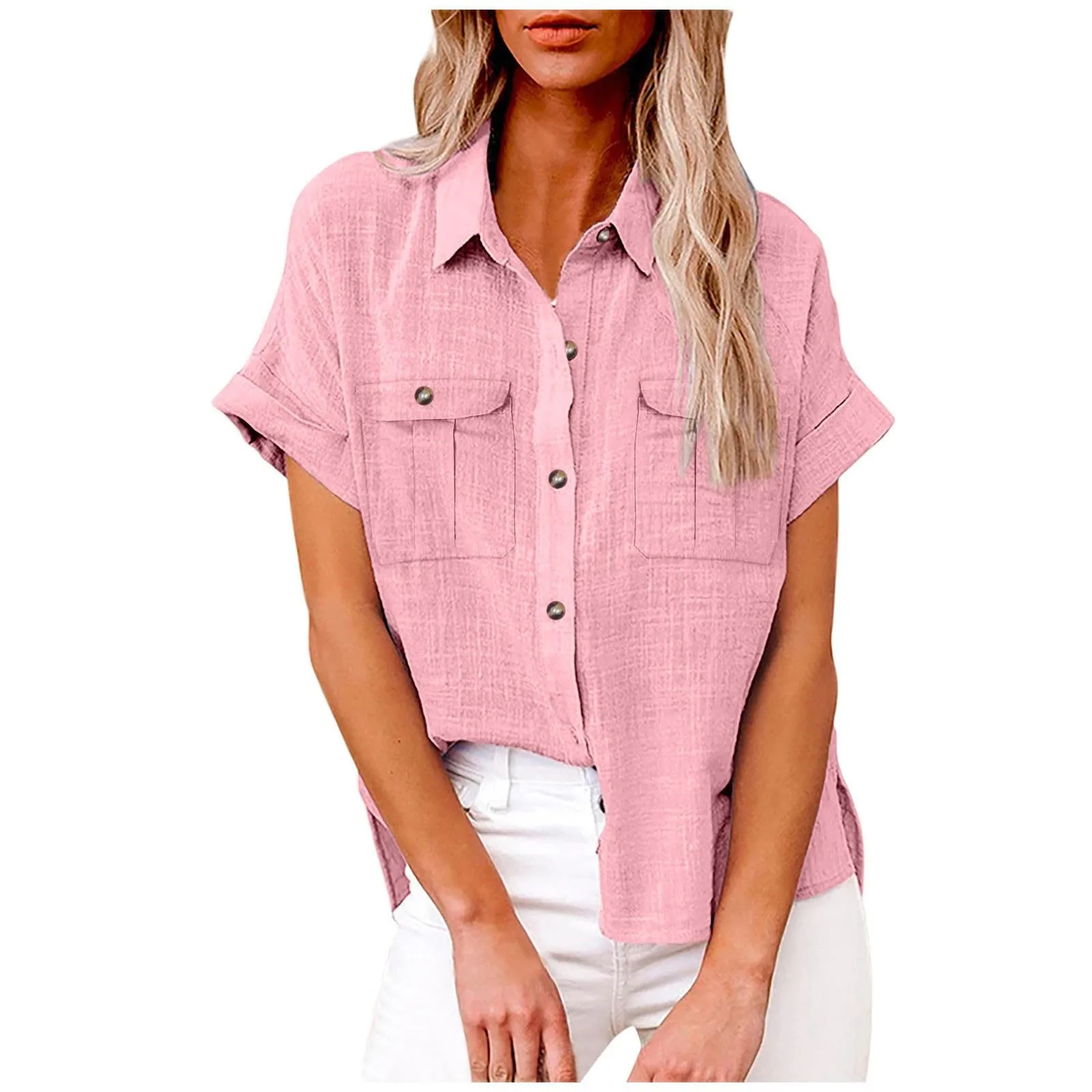 Plus Size Casual Bluse Damen solide Kurzarm Turn Down Kragen Button Up Shirt Top mit Klappen taschen weibliches Hemd