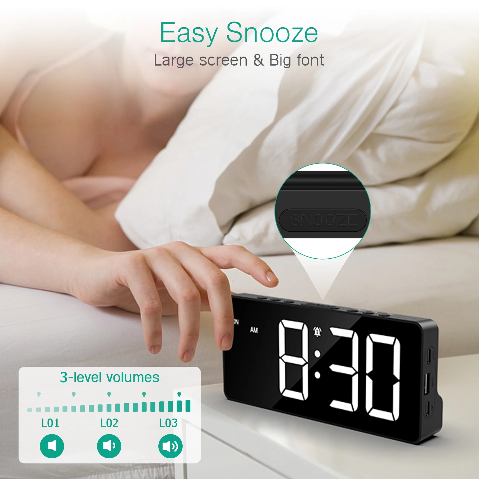 AMIR Digital Alarm Clock Large LED Display Bedside Clock with 4 Alarm Clock Modes, Snooze, DST, 12/24H for Bedroom, Office