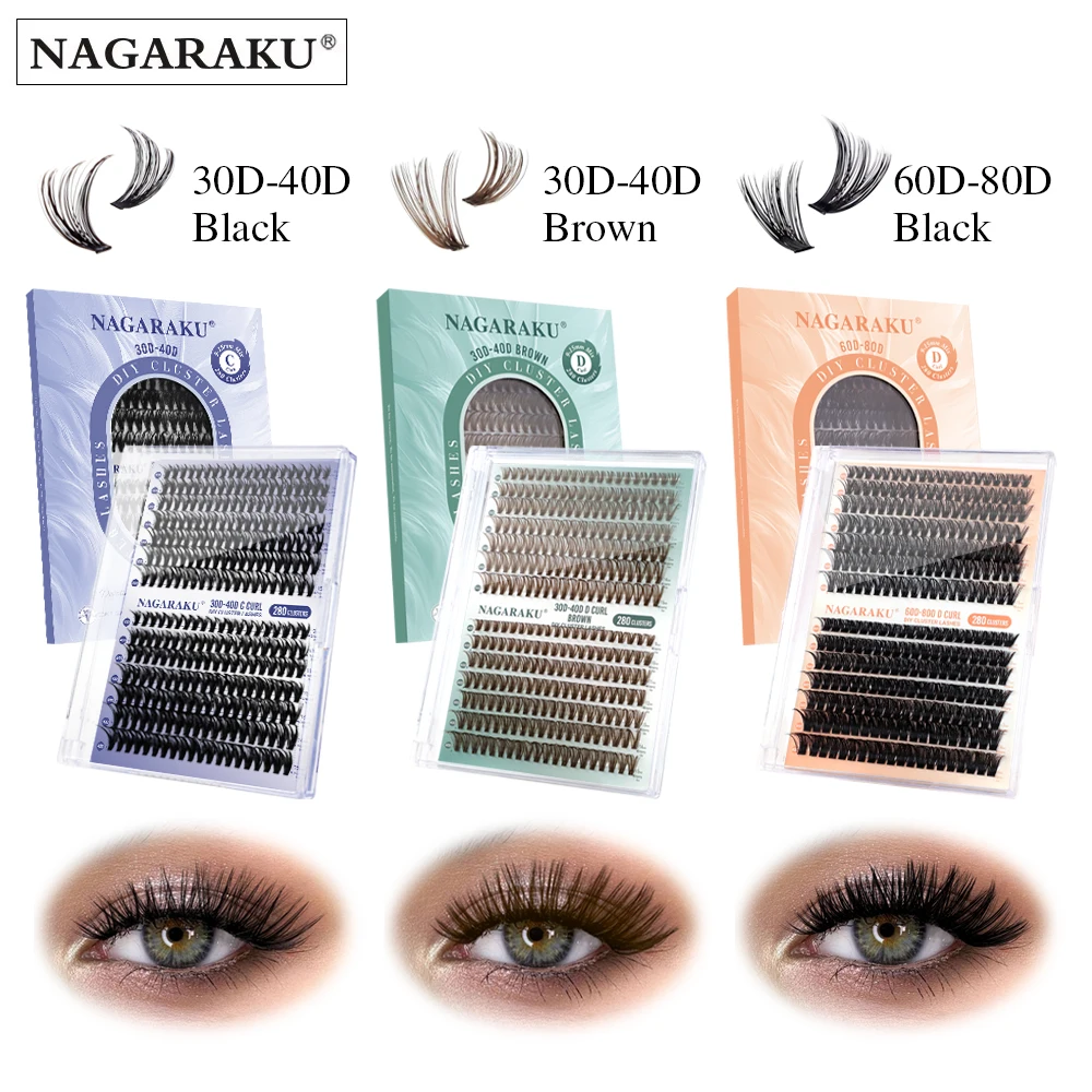 NAGARAKU 30P 40P 60P 80P Pestañas Postizas en Racimo DIY, 280 Sets de Extensiones de Pestañas, Curvatura D, Longitudes Mixtas de 9-15mm