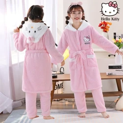 Hot Sanrios Kawaii Hello Kitty Pajamas Coral Velvet Children Girls Heart Cartoon Anime Sleeping Robe Hooded Loungewear Toys Gift