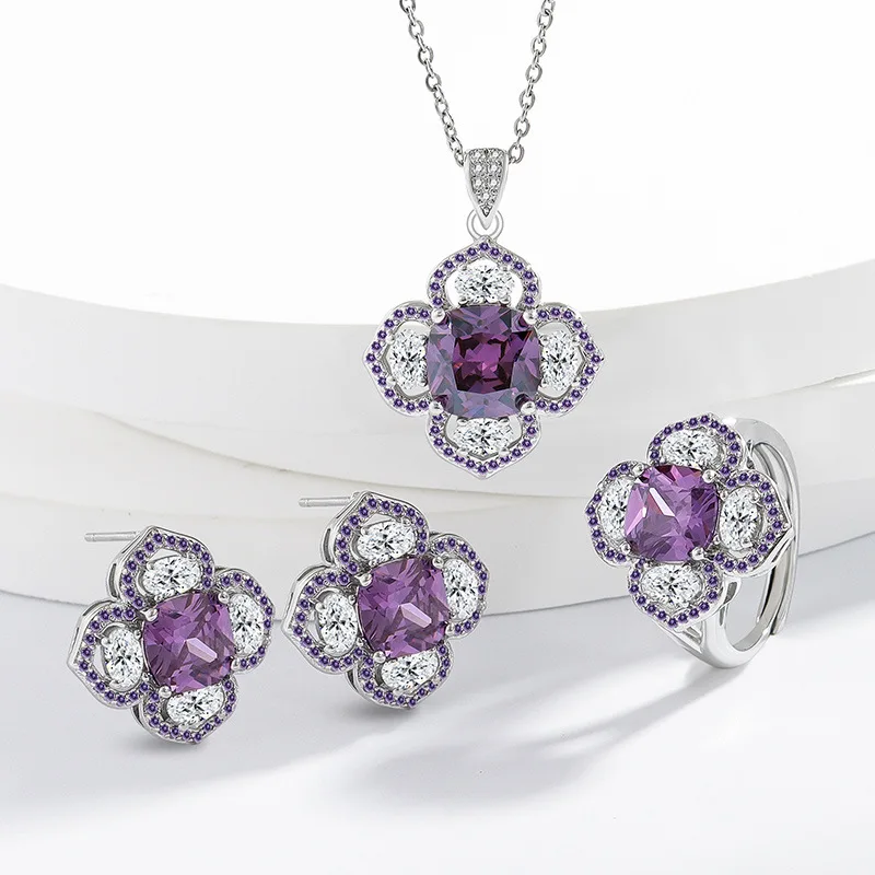

Light Luxury Purple Zircon Four Leaf Flower Jewelry Set 925 Sterling Silver Ladies Elegant Jewelry Anniversary Gift