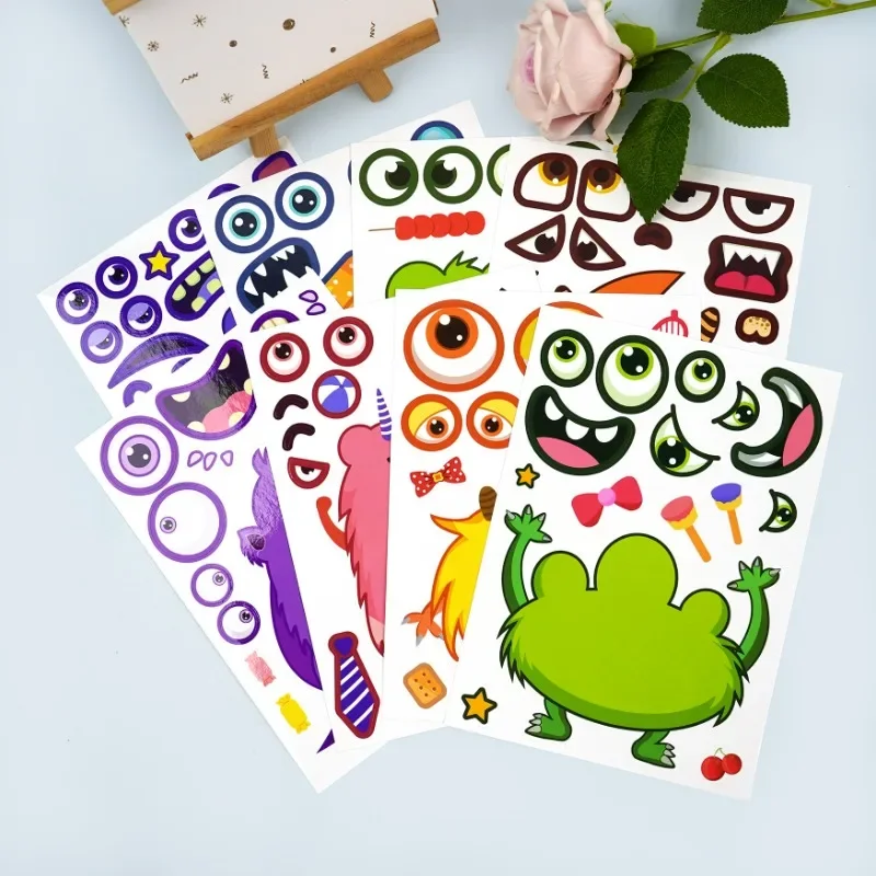 8PCS Monsters, Inc. Face Changing Stickers, Large Reusable DIY Puzzle, Disney Cartoon James P, Big Eyes Doodle Stickers for Kids