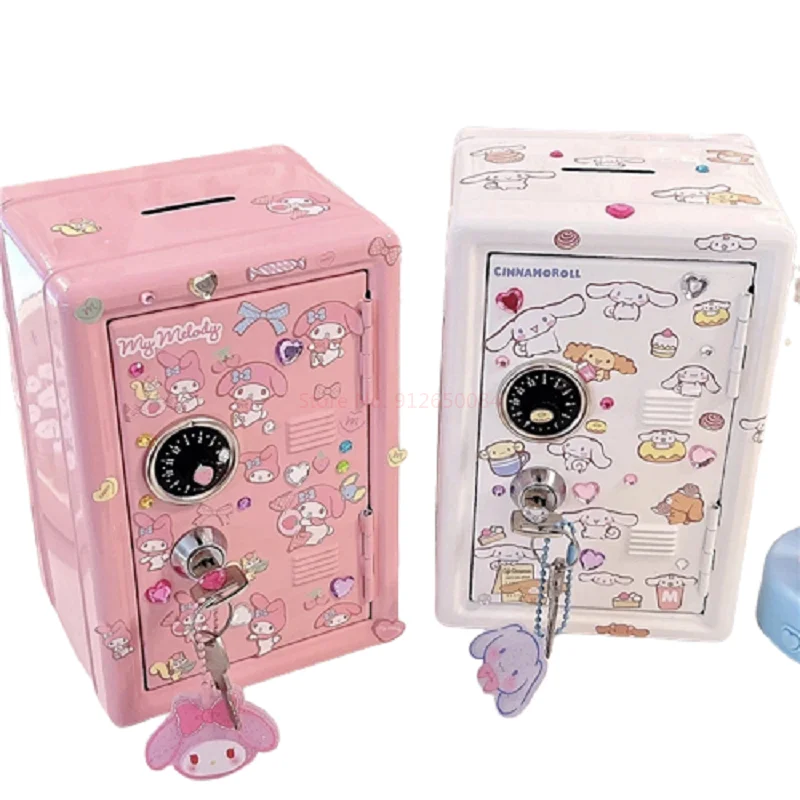 New Sanrio Cute Kawaii My Melody Cinnamoroll Wrought Iron Safe Piggy Bank Anime Girl Heart Cute Sticker Storage Key Cabinet Gift