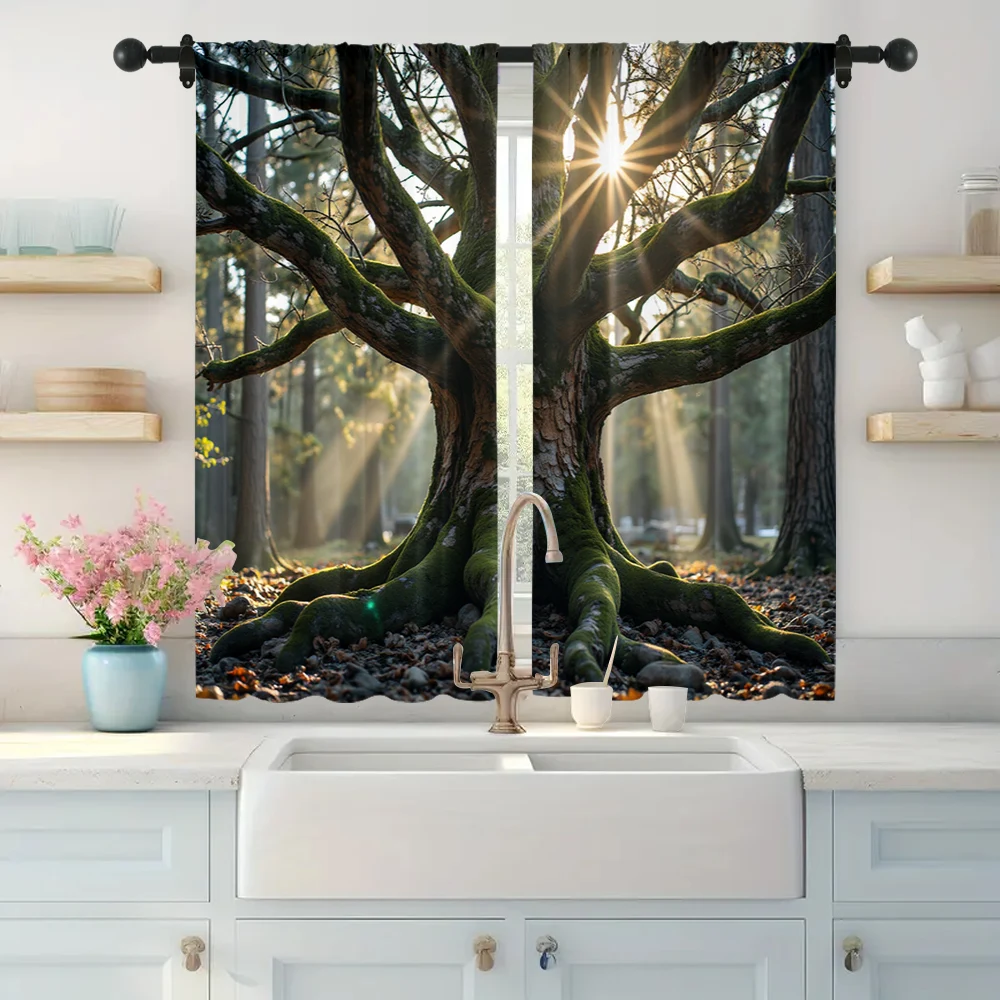 2pc,  Curtain Sunlit landscape of trees Versatile Durable Polyester,Without Electricity Spring Party & Holiday Decor Perfect for