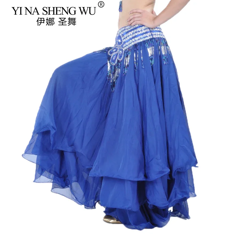 กระโปรง 3 ชั้นสำหรับผู้หญิง กระโปรงชีฟองสำหรับเต้นรำแบบตะวันออก กระโปรงทรงโค้งงอ ไม่มีเข็มขัด กระโปรงสำหรับการแสดงระบำหน้าท้อง กระโปรงสำหรับการแสดงบนเวที กระโปรงสไตล์สเปน