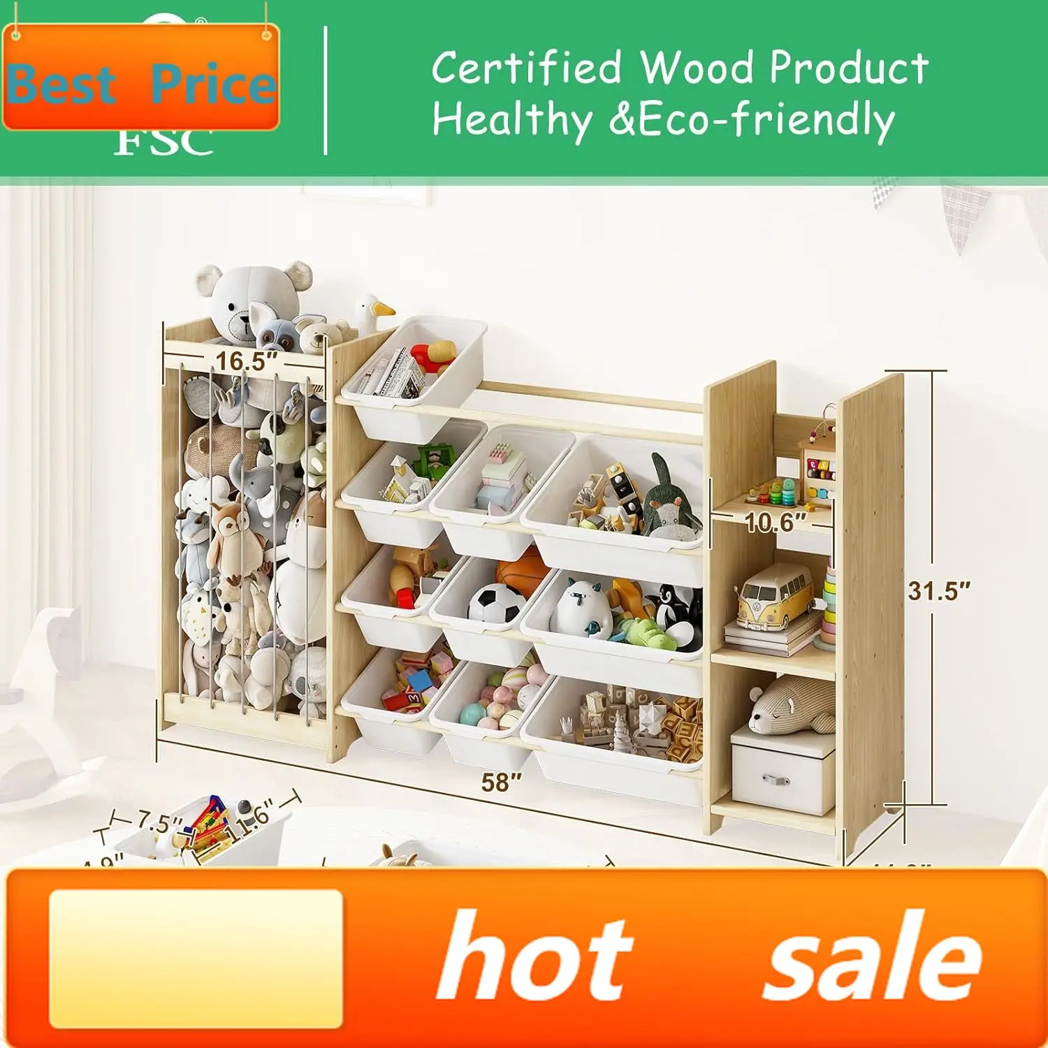 hot-selling3-in-1 Toy Storage Organizer, Stuffed Animal Holder & 3-Tier Bookcase, Solid Wood Toy Organizer with 12 Storage Bins,