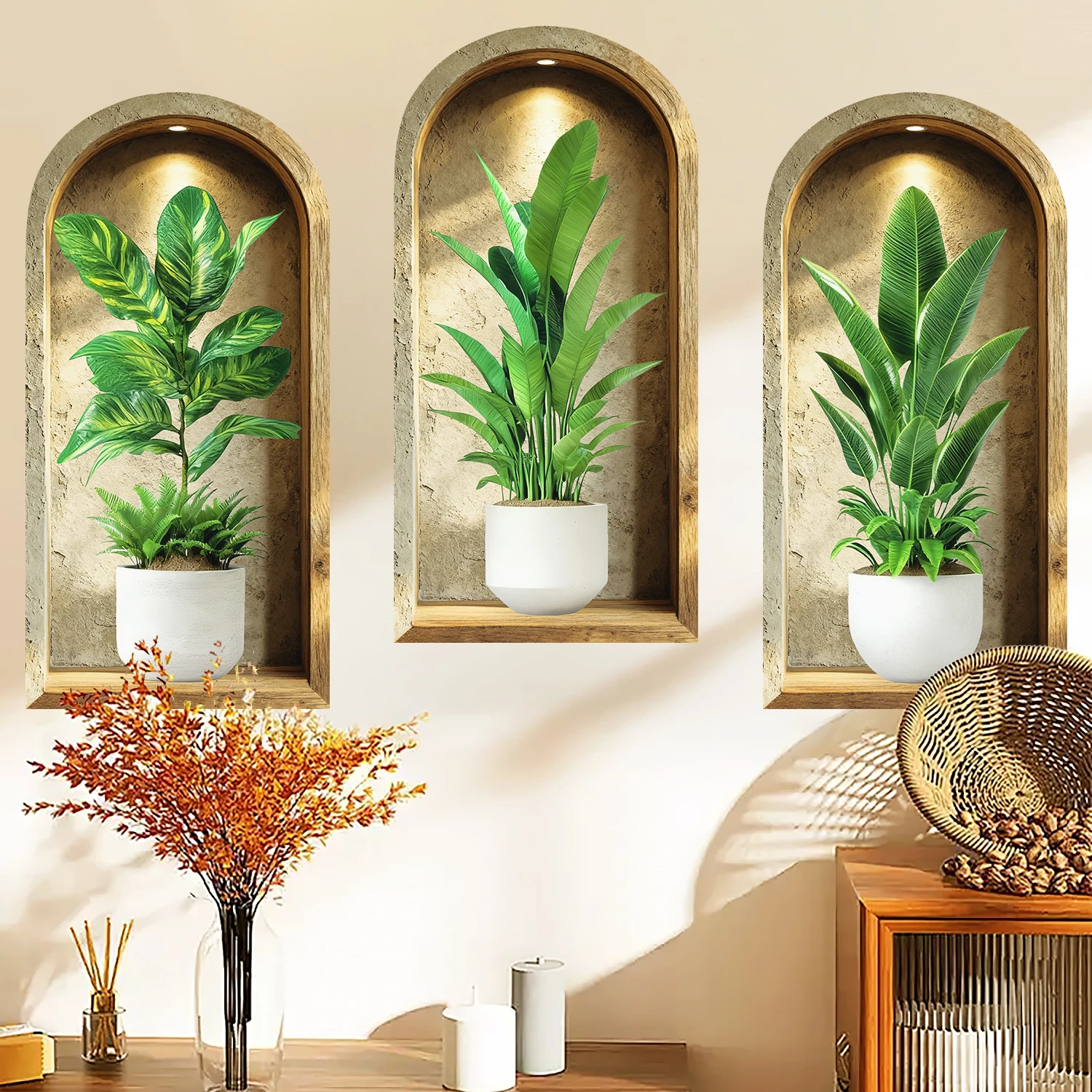 5 Styles Green Plants Simulated Archway Niche Potted Plant Painting Wall Stickers Bedroom Peel & Stick Art Mural Wall Decals
