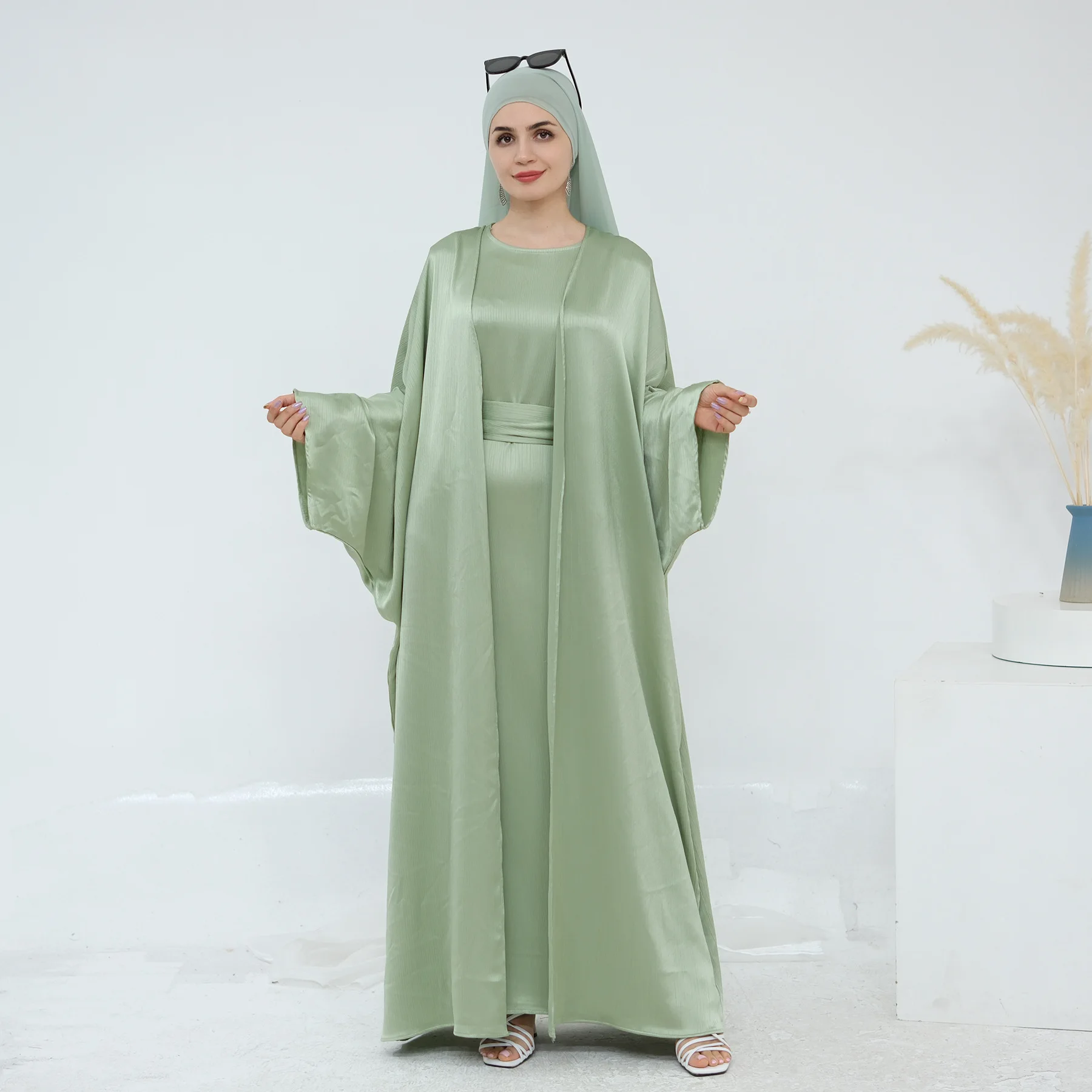 Femmes ouvert Abaya caftan dubaï turquie 2 pièces ensemble musulman Islam Robe Kimono Maroc vêtements Caftan Kebaya Jalabiya Eid costume