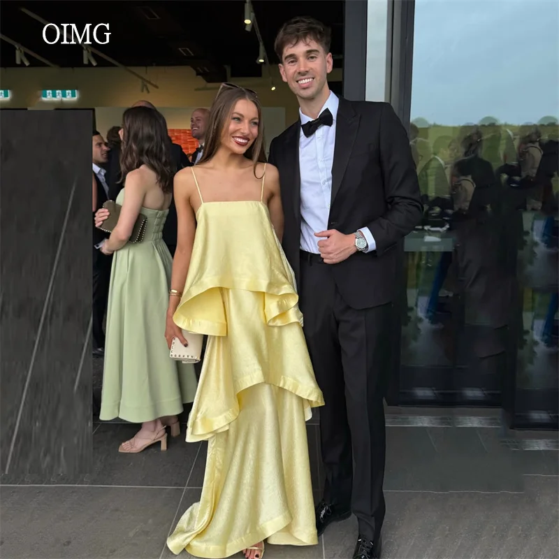 

OIMG Flowy Yellow Multi-layered A Line Prom Gowns Spaghetti Strap Backless Party Gown Floor Length Evening Dress Customized