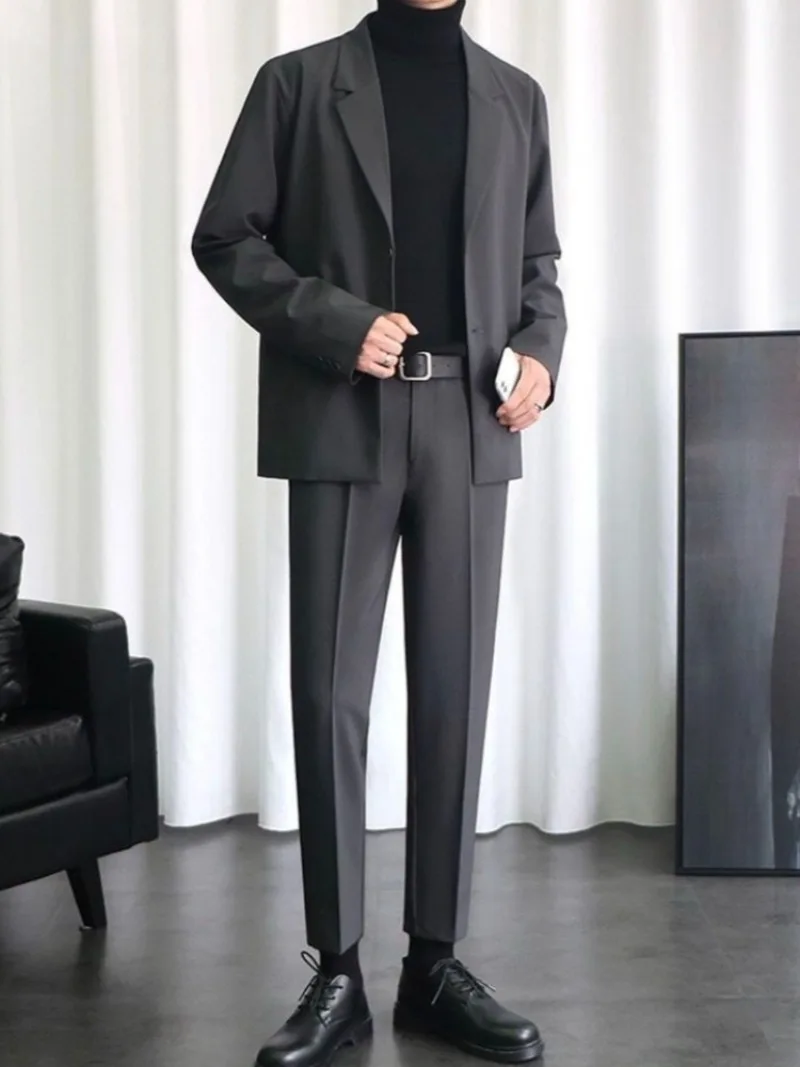 Men's Winter Edgy Korean Trendy Suit Set Slim Fit Fleece Lined Blazer Draped Trousers Casual Outfit​