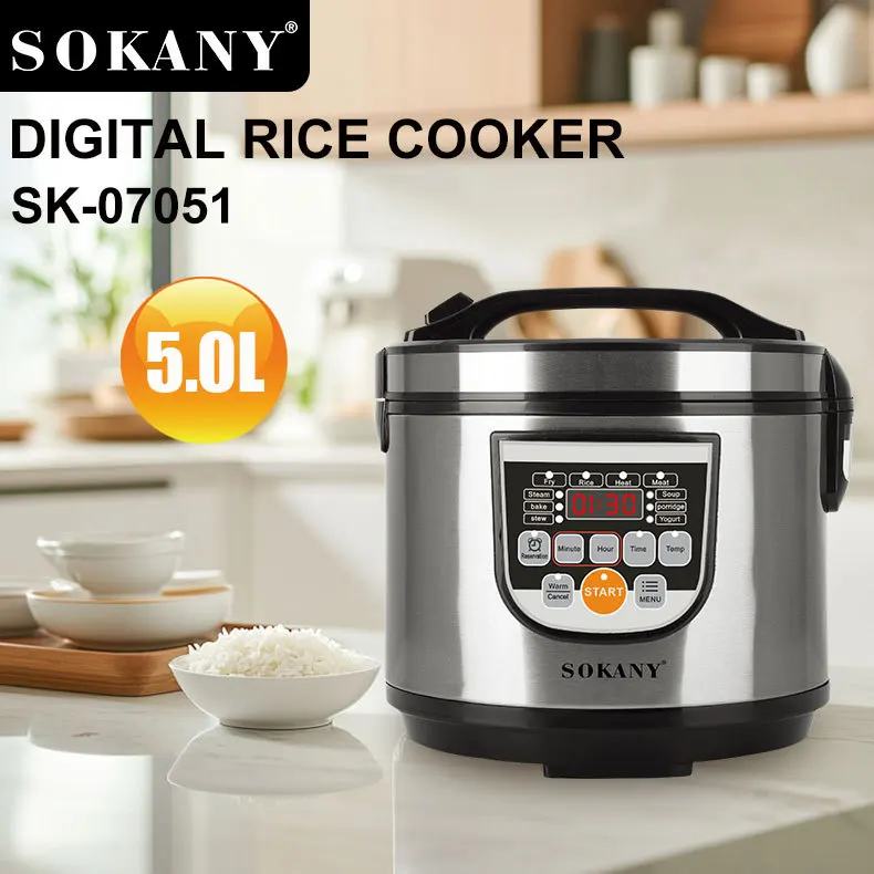 Houselin 700W Digital Rice Cooker, Steamer, Slow Cooker, Oatmeal Cooker, Auto Keep Warm, 5L, Stainless Steel Exterior