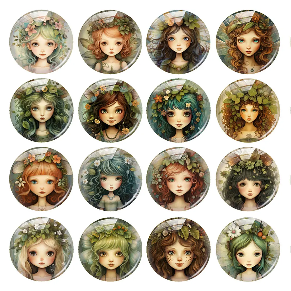 

Random Mixed Round/Oval/Square Elven Girl Fairy Flower Green Photo Glass Cabochon Flatback Demo Cameo For Diy Jewelry Making