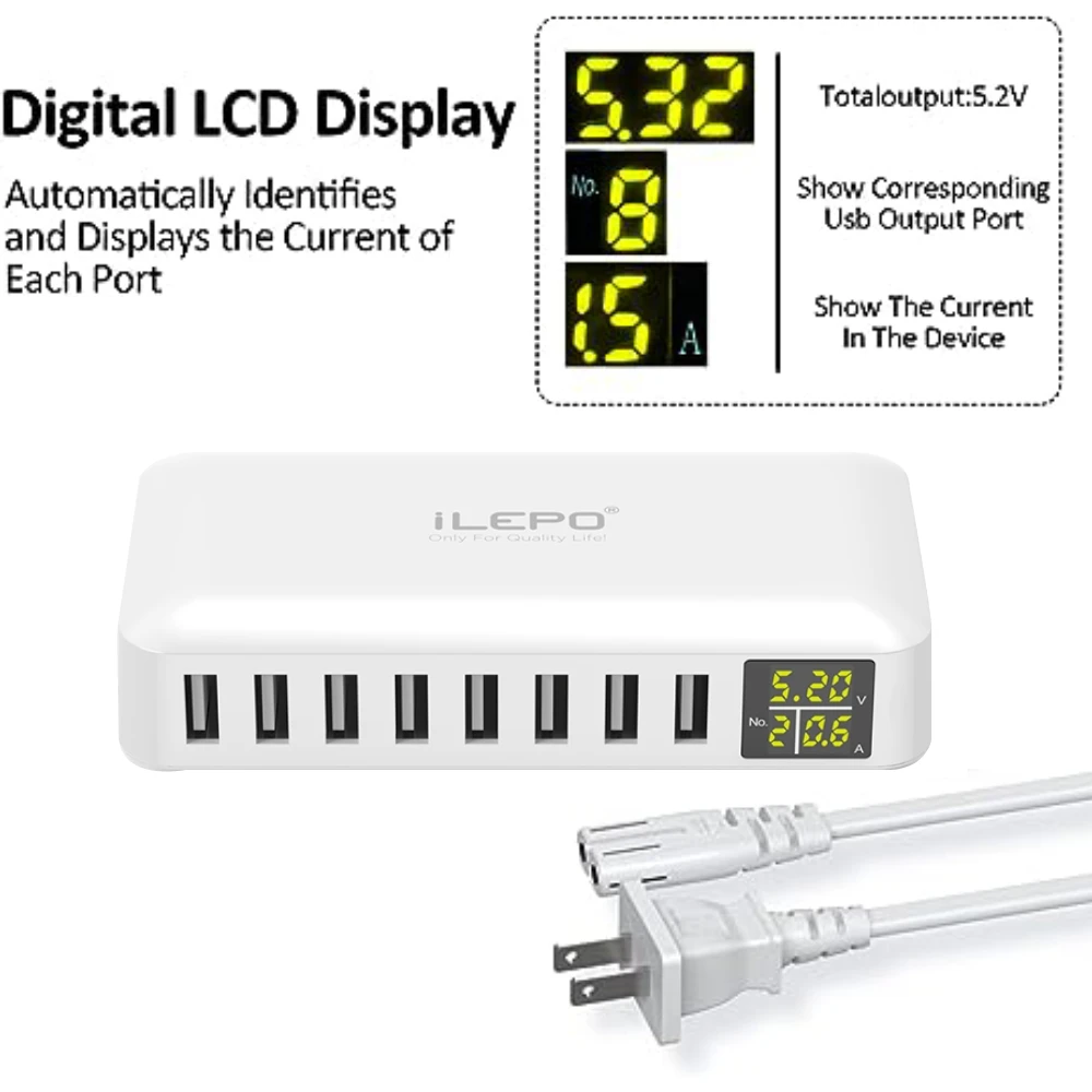 ILEPO-محطة شحن USB متعددة ، شاحن ذكي ، شاشة ليد ، محور ، 40 واط ، 8 منافذ ، هاتف محمول ، سطح مكتب ، أجهزة متعددة