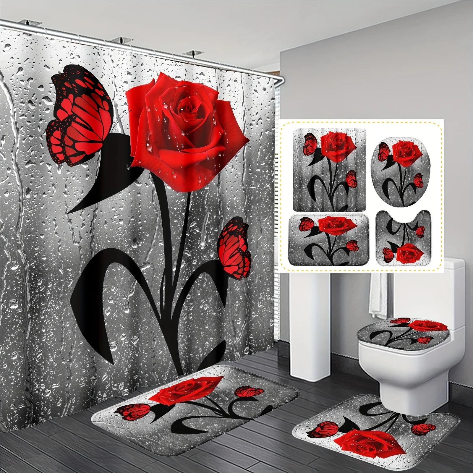 

4-piece flower & butterfly polyester shower set: 12 hooks, non-slip mat, U-pad, round toilet seat. Waterproof, full-view use.