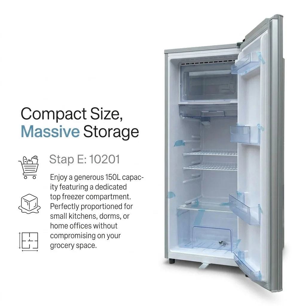 150L Upright Refrigerator with Freezer - Inverter Frost-Free Compact Fridge, Silver Stainless Steel for Home & Office