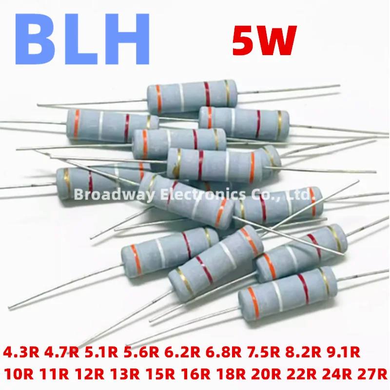 10PCS 5W Carbon Film Resistor 5% 4.3R 4.7R 5.1R 5.6R 6.2R 6.8R 7.5R 8.2R 9.1R 10R 11R 12R 13R 15R 16R 18R 20R 22R 24R 27R Ohm