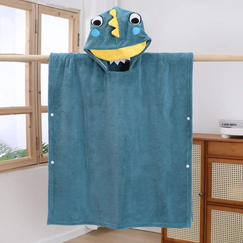 Little Dinosaur Children\'s Cloak Water-absorbent and Breathable Coral Fleece Hooded Bath Towel Toddler Bath Cloak