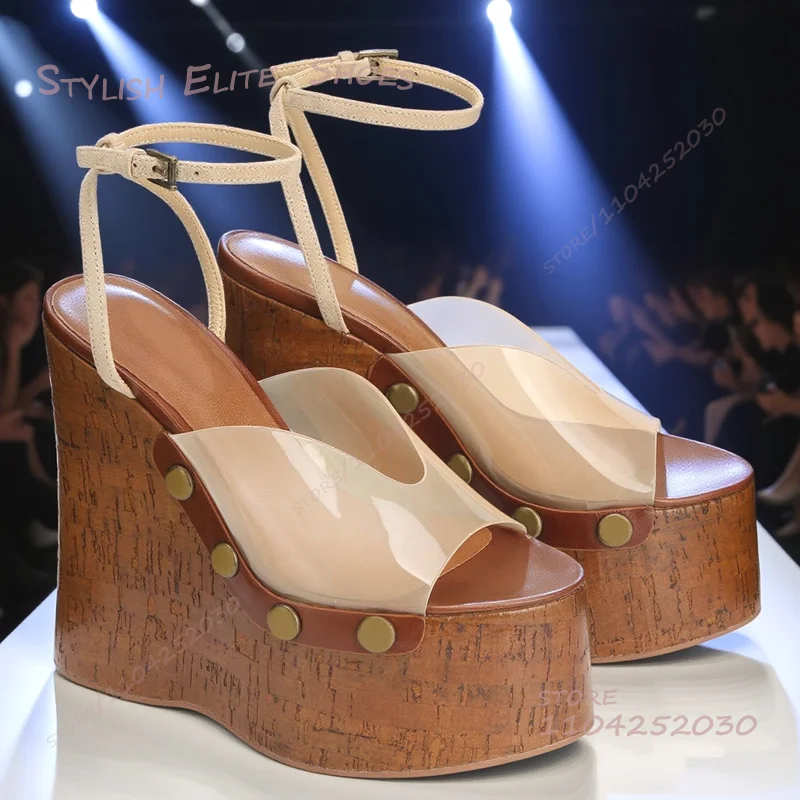 Burgundy Brown Wood Grain Wedge Heel Pvc Strappy Sandal Women Beach Platform Open Thick Sole Black Oil Leather Heels Casual Shoe