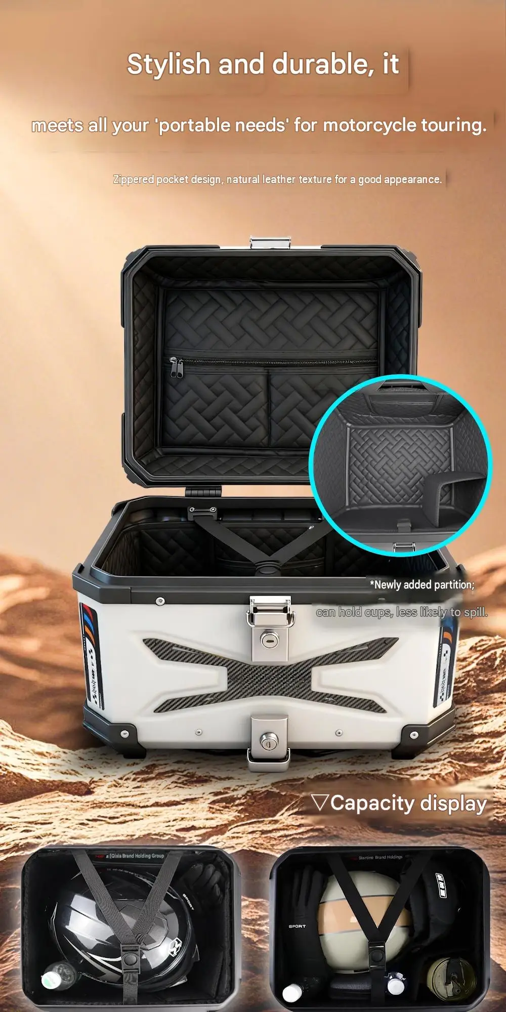 For ZONTES 703F 55L/45L Aluminum Tail Box Thickened Armor‑Shell Zipper Lining Stainless Steel Base Touring Rear Trunk Mod Parts