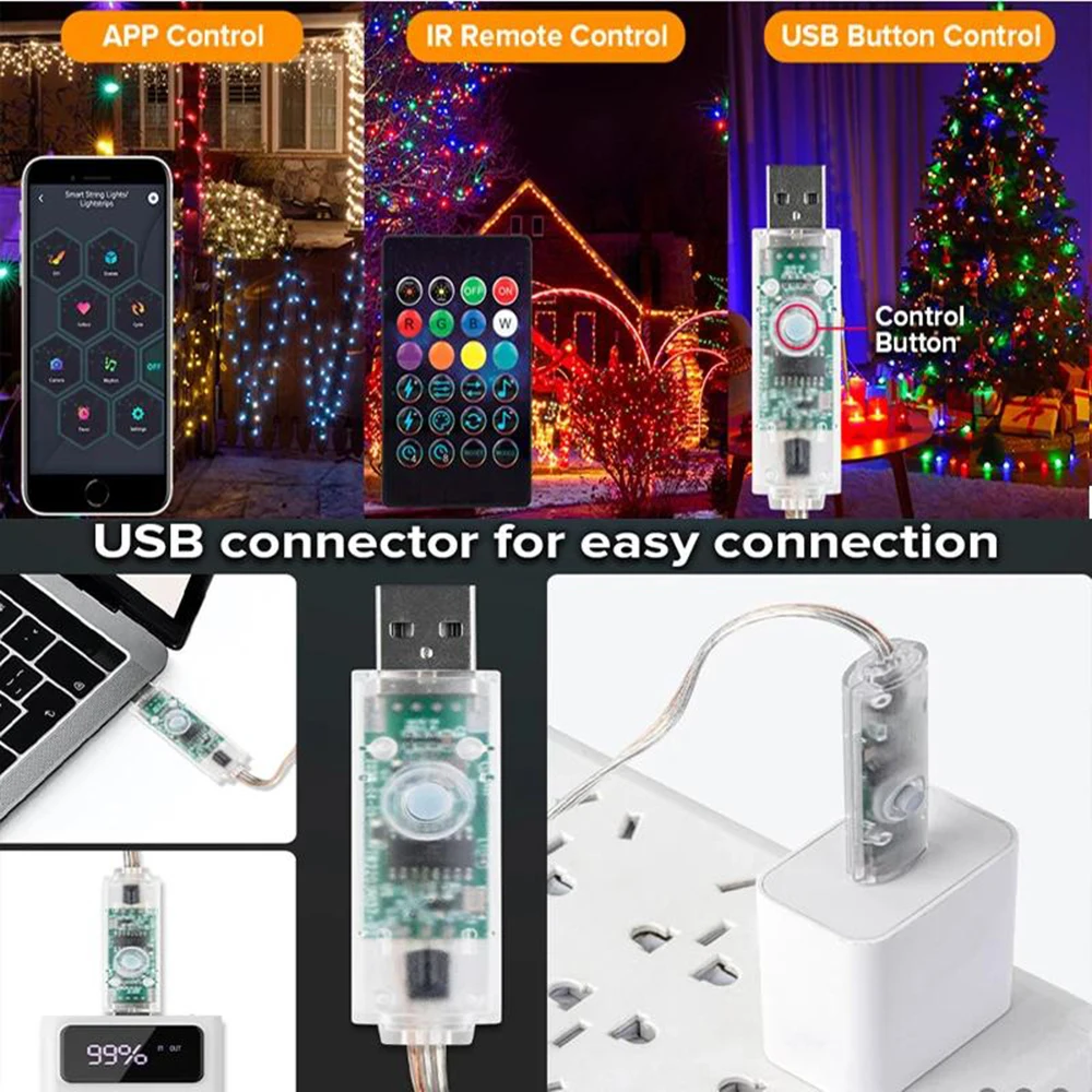 Imagem -05 - Impermeável Usb Led Christmas Lights Fairy String Light Exterior Bluetooth Endereçável Guirlanda Festão Decoração da Festa 30m