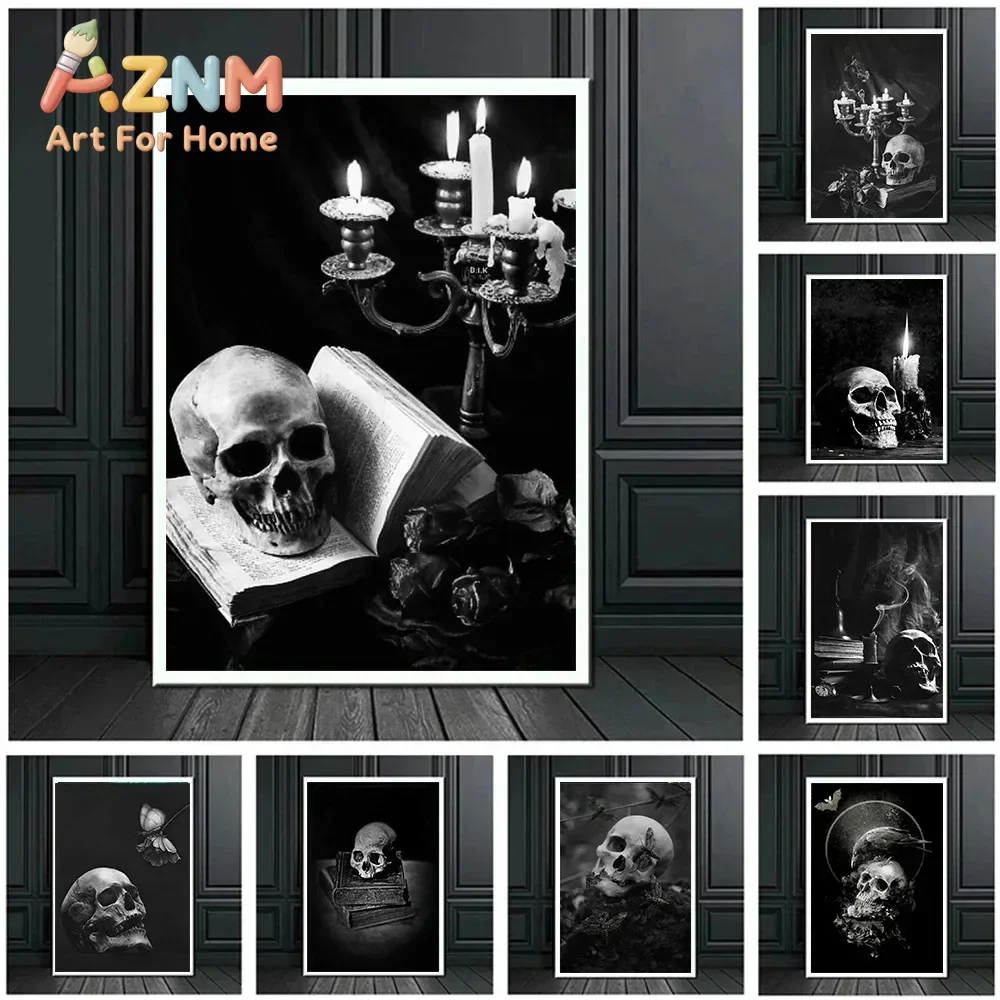 AZNM Black White Skull Candle Canvas Wall Art Dark Gothic Still Life Art Print Unframed Canvas Poster for Living Room Bedroom Ho
