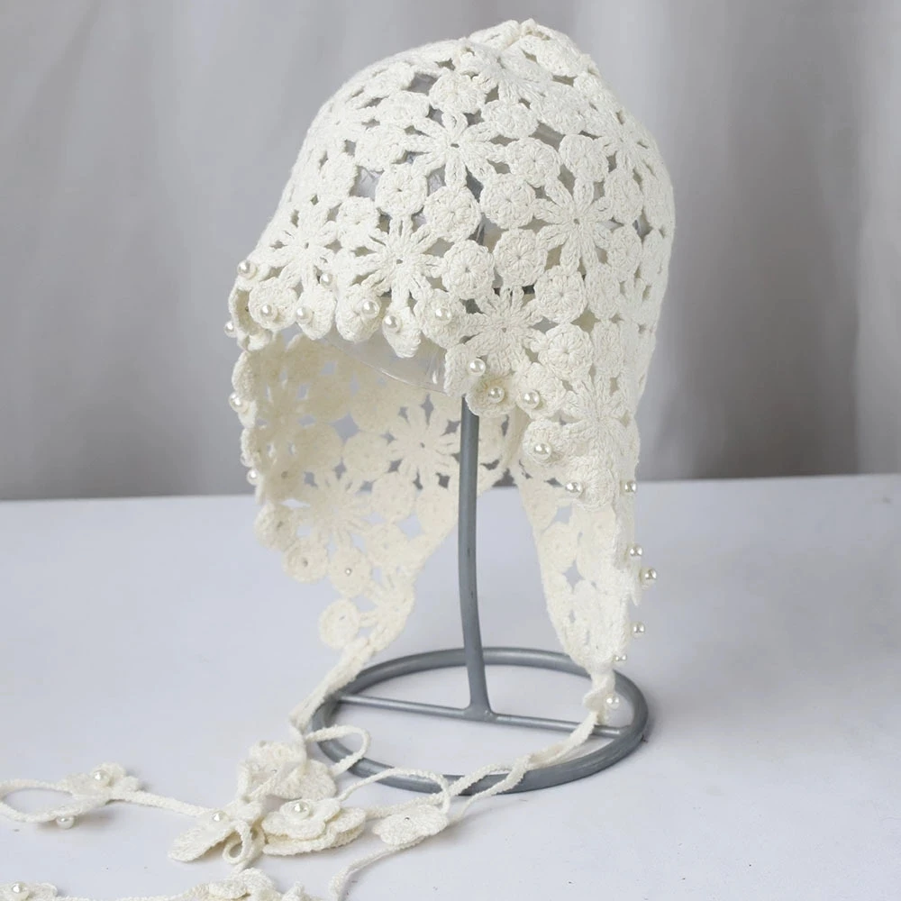 Handmade Perforated Flower Pearl Fringe Floral Knitted Cap Beanies Women Ethnic Crochet Pullover
