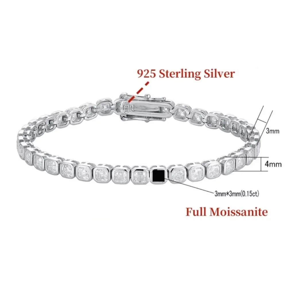 NKHOG 3*3mm Full Moissanite Tennis Bracelets For Women Men 925 Sterling Silver Asscher Cut Square Lab Diamond Jewelry Pass Test