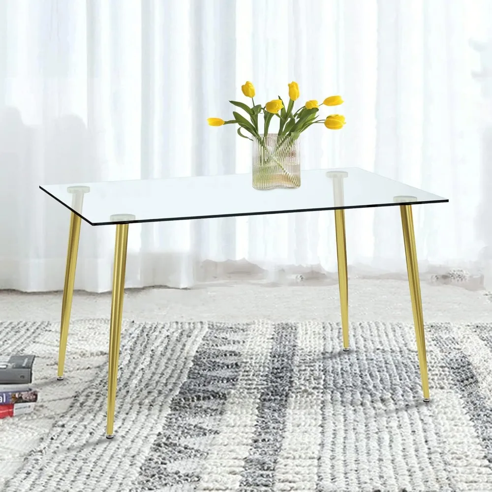 

Glass Dining Table，51" Modern Rectangular Table with Spacious Tempered Glass Tabletop & Gold Plated Legs，Simplistic Kitchen Tabl