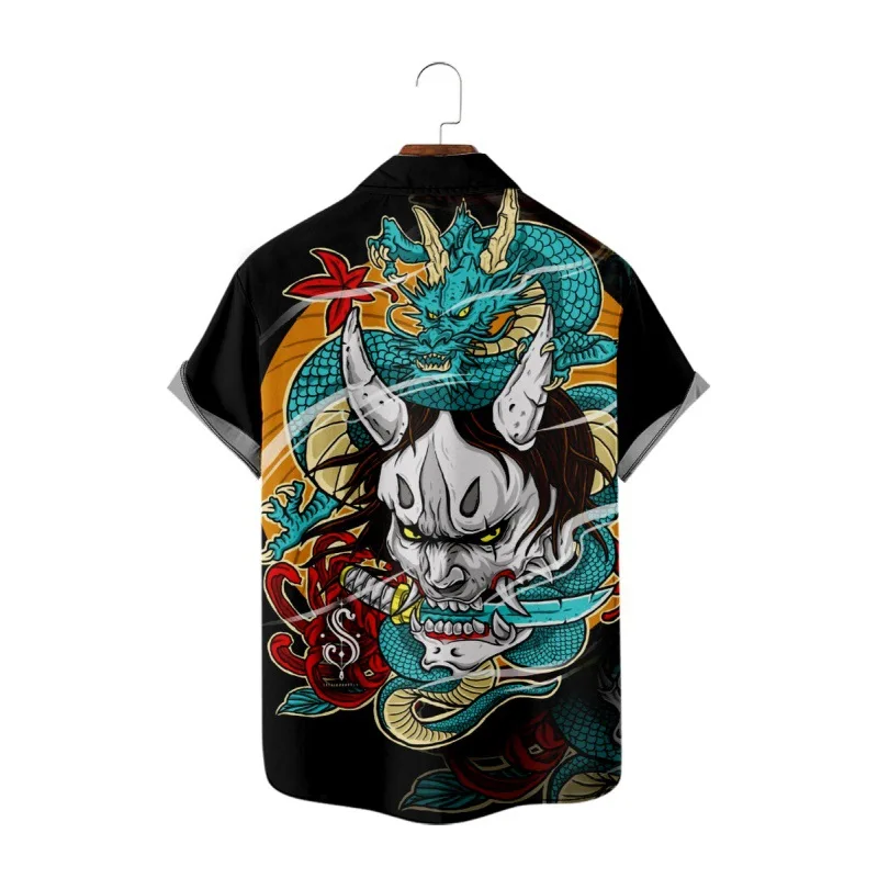 Na co dzień Cartoon Dragon Demon drukowane z krótkim rękawem hawajska koszula plażowa lato mężczyzna mody bluzka Vintage odzież Streetwear